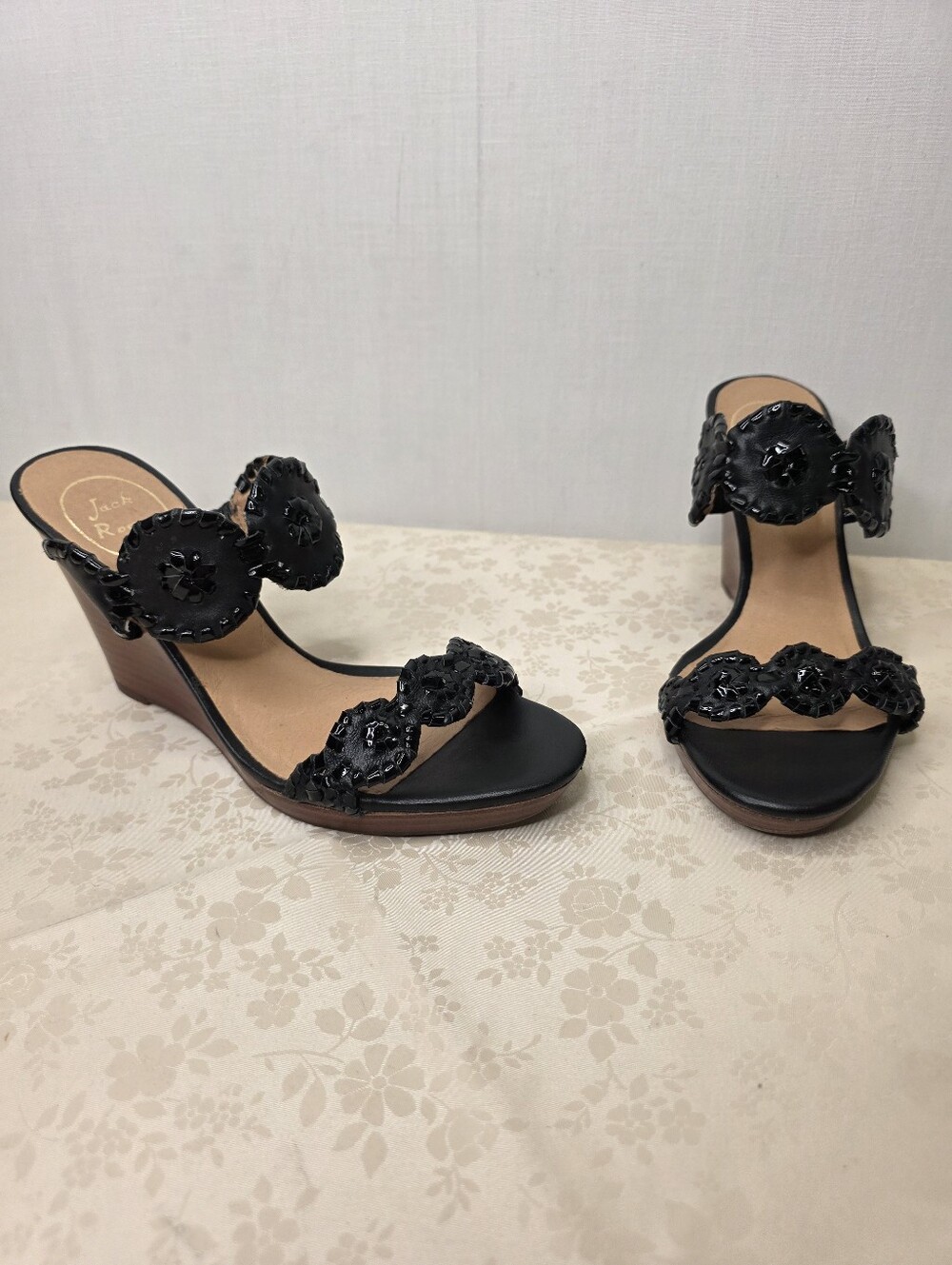 Jack Rogers Laurin Black Patent Leather Whipstitch Rondelle Wedge Sandals 7.5M